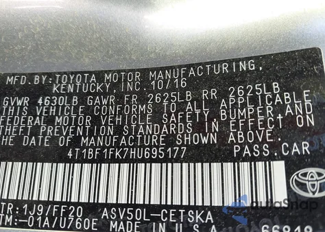 2017 Toyota Camry Se из США, поврежденный, VIN 4T1BF1FK7HU695177